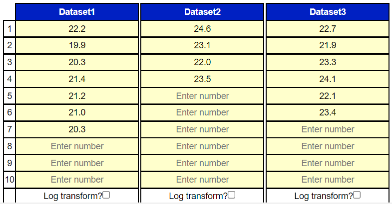 Three data sets put into a table for performing data analysis